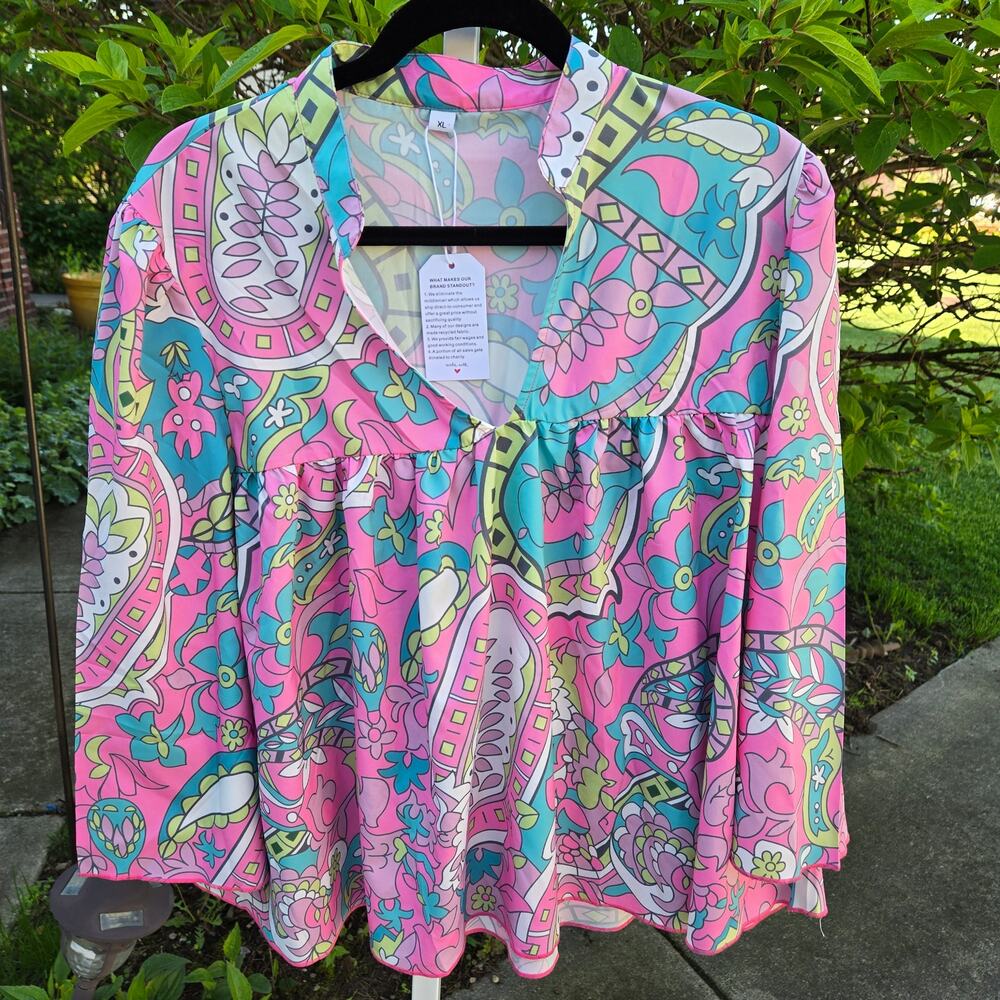 NWT Groovy Pink Green Multicolor Paisley Boho Top Festival Bell Sleeve size XL - Picture 8 of 10